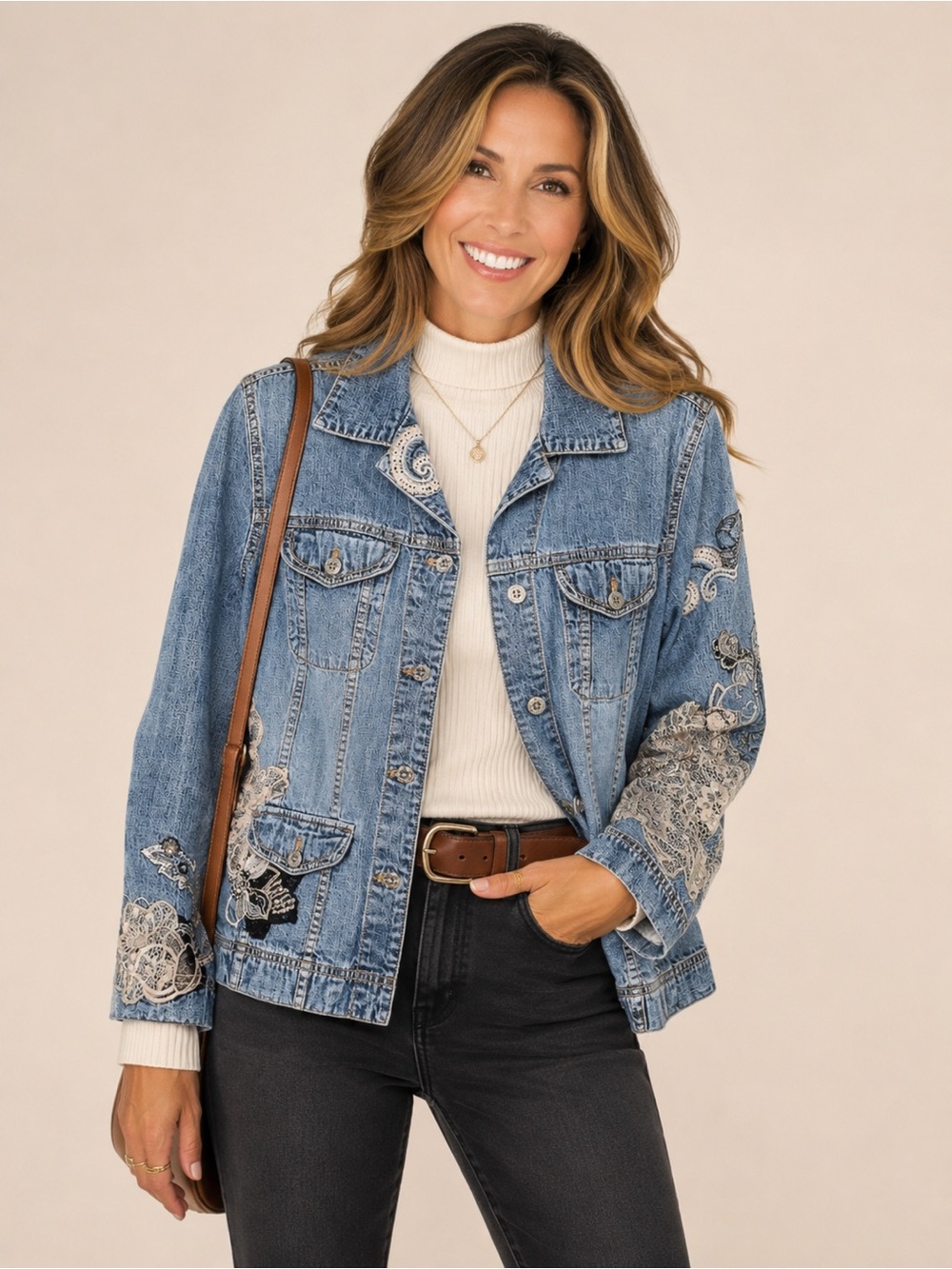 VTG Chico Designer Embroidered Lace  Denim Statement Jean Jacket size S